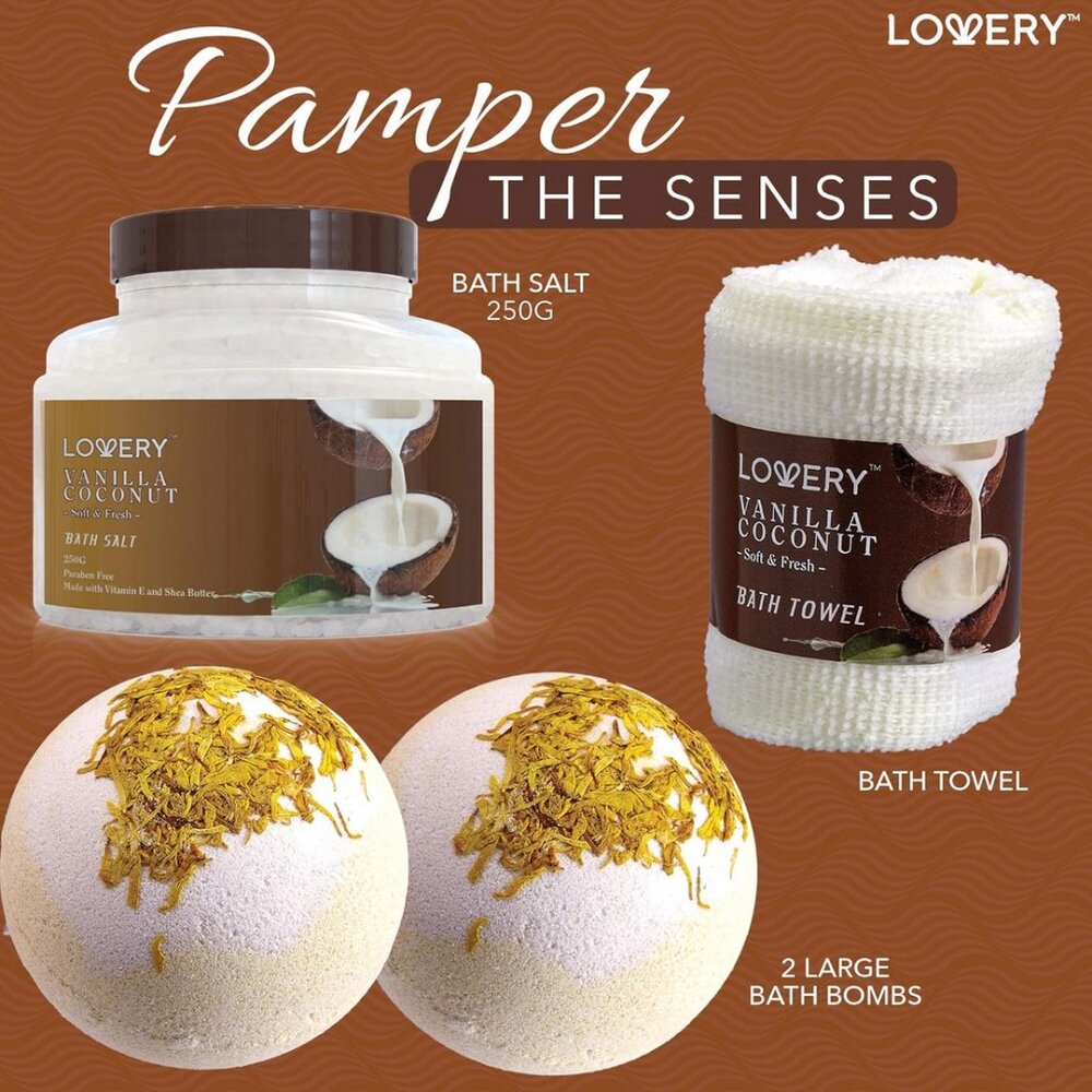 NWT ~ Lovery's 9 Piece Vanilla & Coconut Spa Gift Basket - Picture 3 of 12